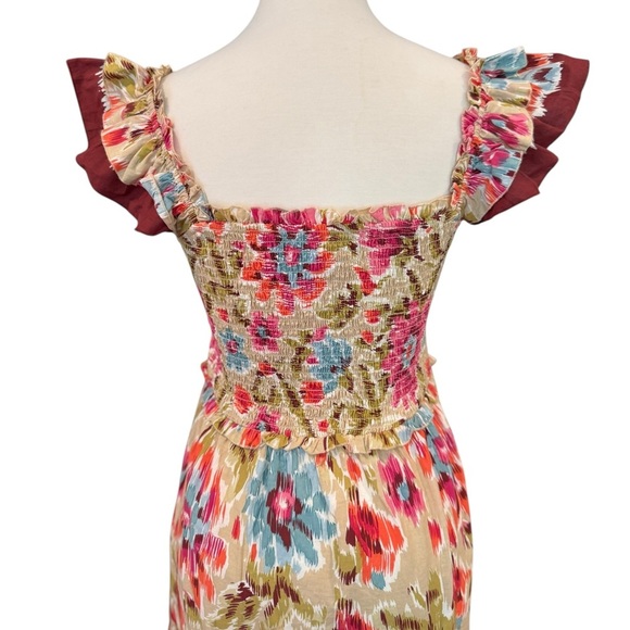 House of Harlow 1960 Floral Smocked Tiered Maxi Dress Ruffle Sleeve Burgundy Med - Picture 4 of 9